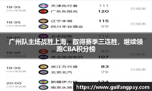 广州队主场战胜上海，取得赛季三连胜，继续领跑CBA积分榜